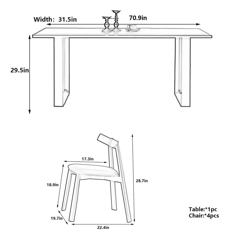 Minimalist Dining Table with Rock Slab Surface, 29.5"H x 70.9"L x 31.5"W
