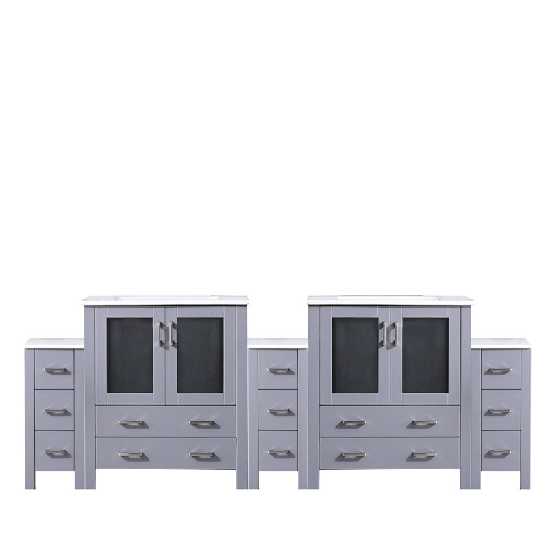 Meuble-lavabo double gris foncé de 96 po En largeur, avec armoires latérales, surface en céramique blanche, structure en bois massif, tiroirs à fermeture en douceur, deux armoires et treize tiroirs pour un rangement substantiel