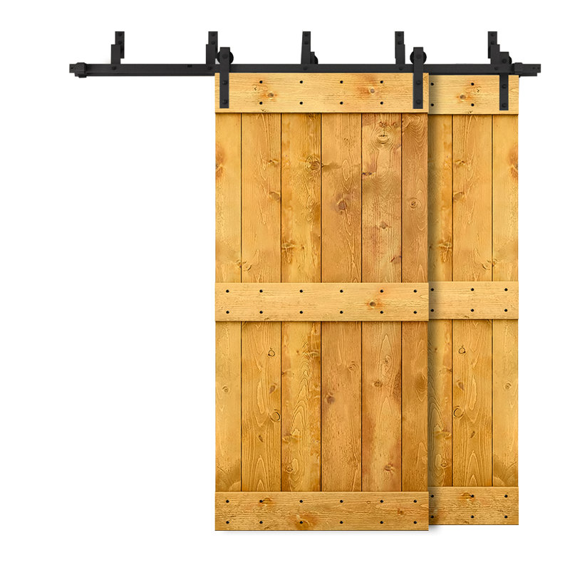 Porte de grange double à panneaux en bois teinté à panneau Mid-Bar, 64 po x 84 po, Érable colonial