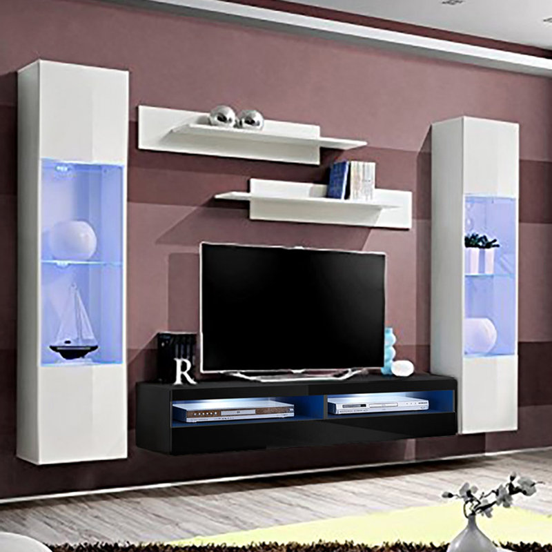 100" Modern Floating Wall Mounted Entertainment Center with 16-Color LED Lighting, High Gloss Finish, White/Black