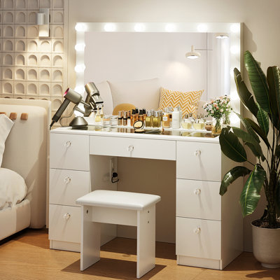 Greyden Large Lighted Mirror Makeup Vanity Set with Glass Top, Outlet and 7 Drawers by Latitude Run