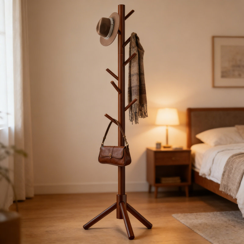 Freestanding Adjustable Coat Rack With 8 Hooks For Entryway, Brown