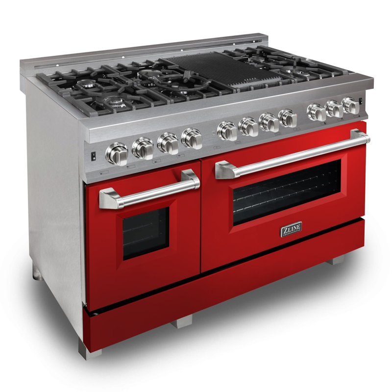 ZLINE 48 in. Legacy Dual Fuel Range w/ 7 Burners & 2 Ovens, Red Gloss Satin Stainless Steel