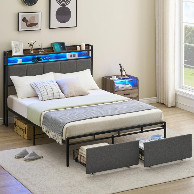 Lit plateforme tapissier avec rangement Chickering, Simple, Gris / brun