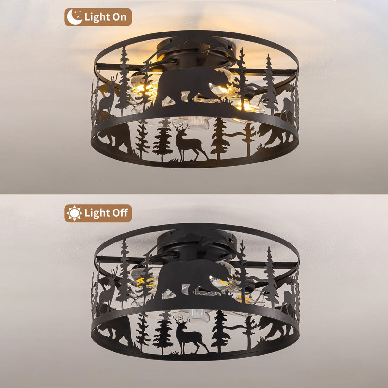 Caged Ceiling Fans with Lights and Remote Control,Rustic Black Chandelier Fan with Bear Deer Design,Flush Mount Low Profile Fandelier for Bedroom,Dining Living Room,Foyer