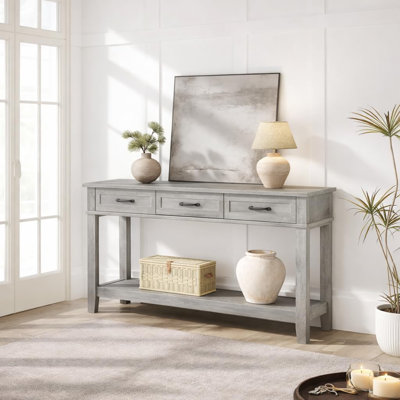 3-Drawer Console Table for Entryway, Farmhouse Sofa Table with Storage Shelves, Grey Wooden Hallway Table for Living Room, Sturdy MDF Furniture