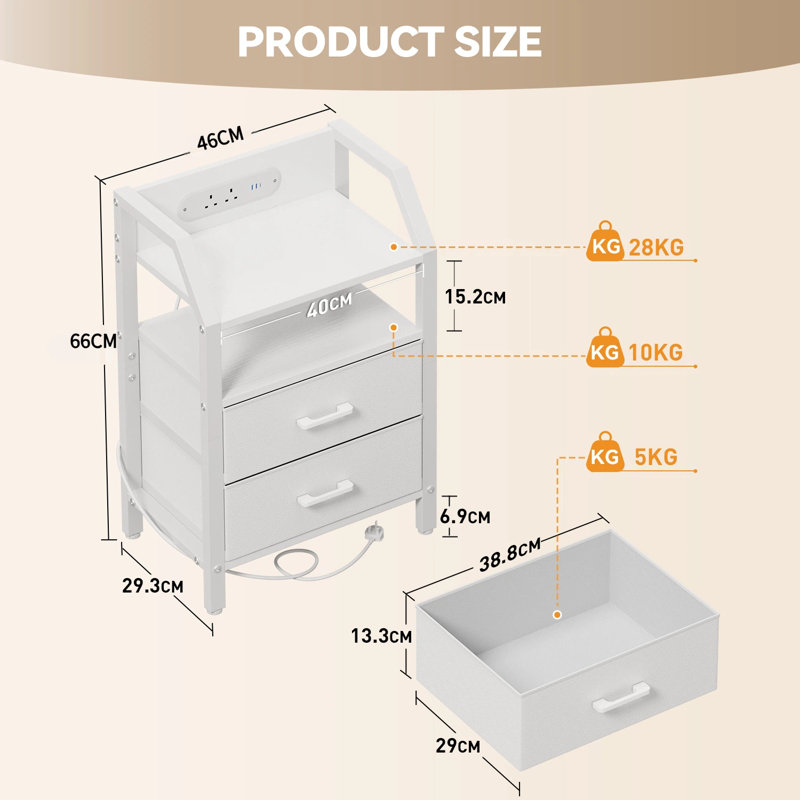 46cm W Steel Bedside Table, White