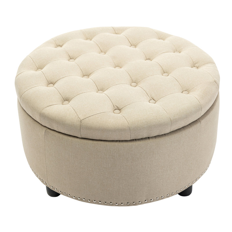 Claria Tufted Round Solid Colour Ottoman with Storage, Beige