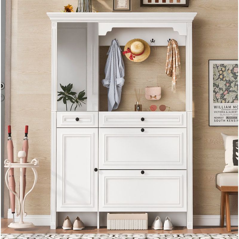 54.7" Hall Tree with Integrated Shoe Cabinet and Mirrored Cabinet Door, Coat Hanger, Entryway Bench, 4-in-1 Design, 2 Flip Drawers, 4 Hooks and 2 Cabinets for Entrance,Living Room