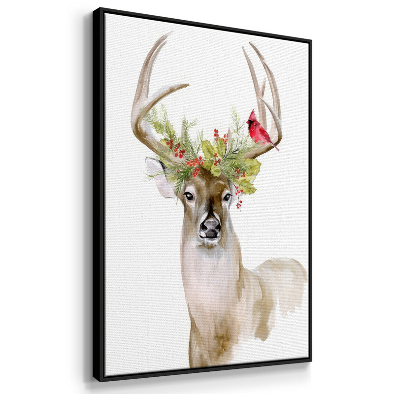 «Holiday Deer I», reproduction d'art sur toile, Cadre noir, H 25 po x l 17 po x P 1,5 po
