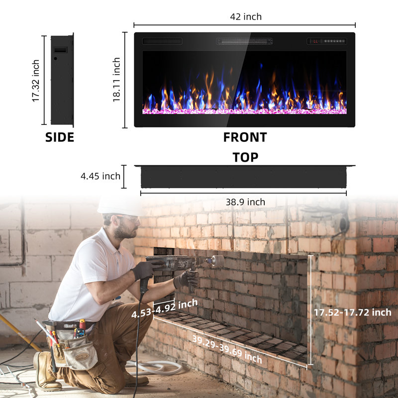 Electric Fireplace Recessed Wall Mounted Wide Screen Ultra Narrow Bezel Frame HD Flame Effect Crystal Fuel Bed Modern Fire Places with Remote Control