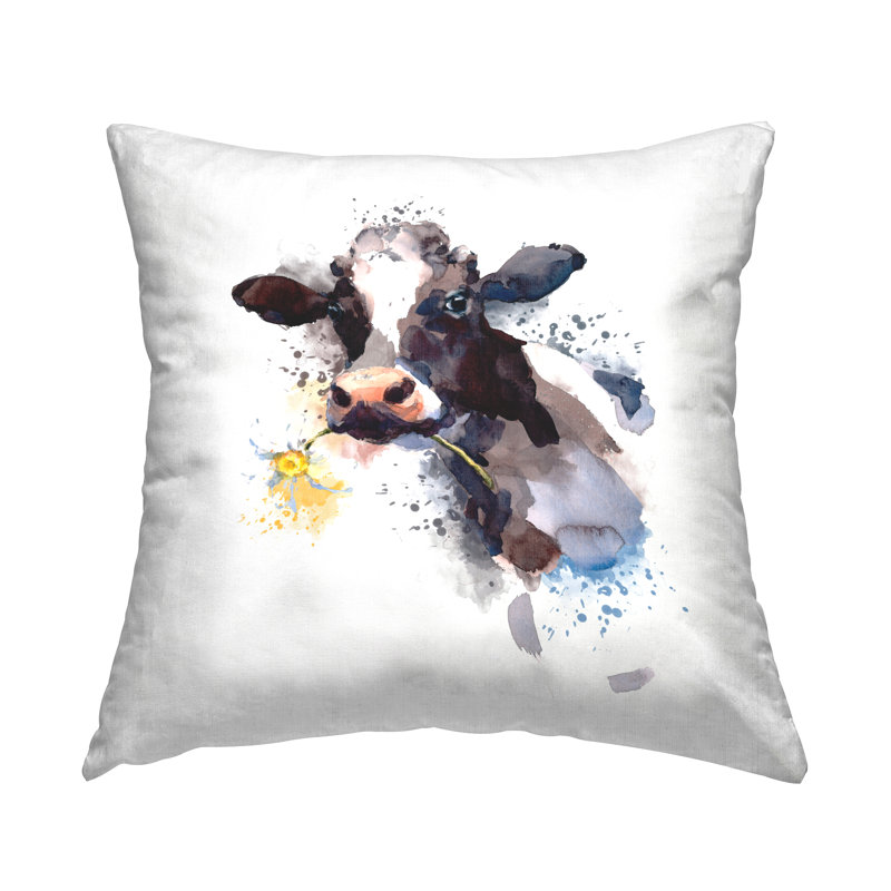 Coussin imprimé vache avec marguerite par Elephant Stock