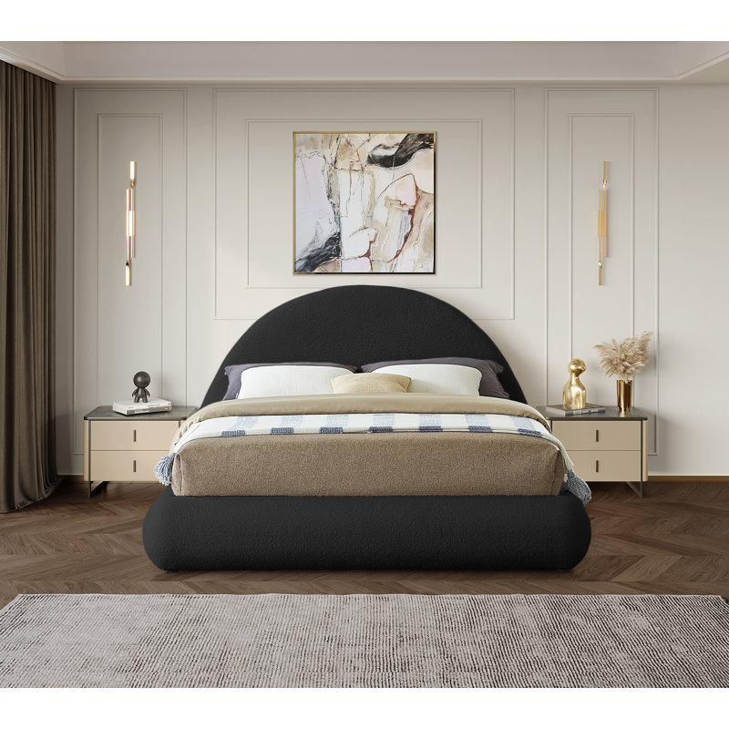 Lit tapissier Rudy, Tissu en teddy imitation Shearling noir, Très grand