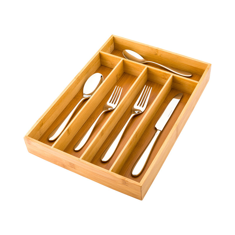 Ustensiles de restaurant - plateau à ustensiles 13 x 10 x 1,9 pouces, 1 plateau à coutellerie durable - 5 compartiments, incassable, plateau à ustensiles en bambou naturel, résistant aux éclats, pour couteaux, fourchettes et cuillères