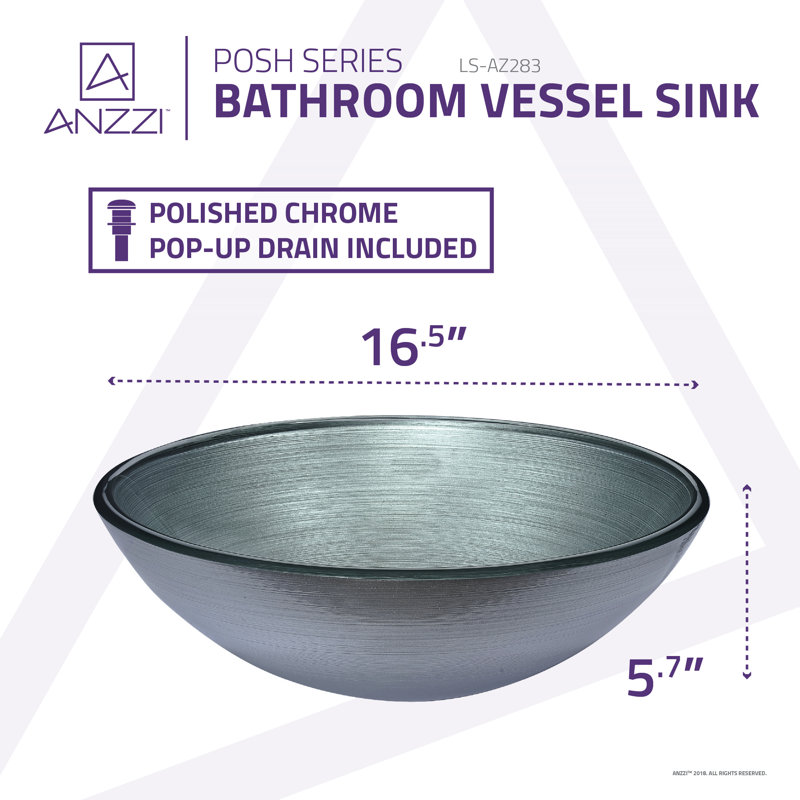 ANZZI Posh 16.5'' Glass Circular Bathroom Sink, Silver