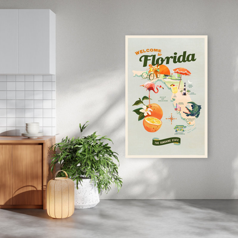 Floride, rétro, alligator, flamant rose, plage, art mural tropical, H 60 po x l 40 po