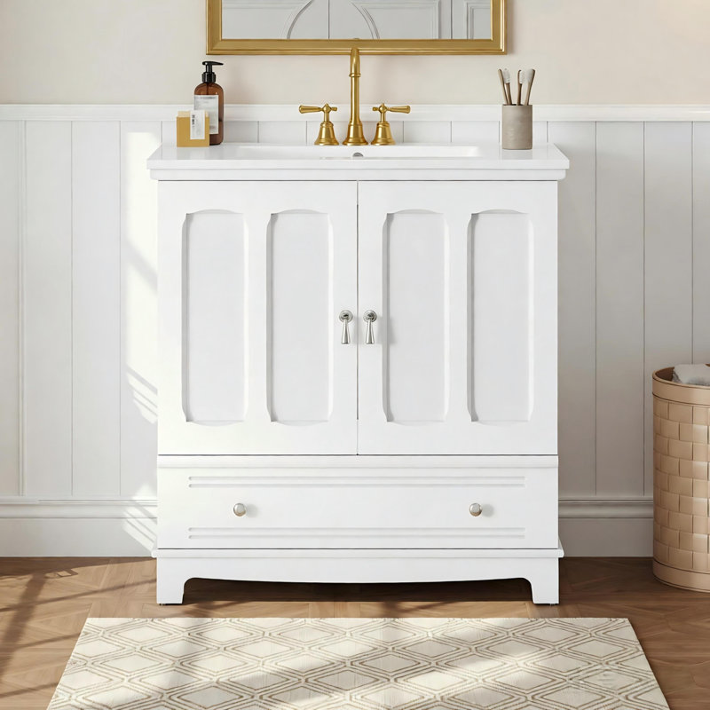 30" Bathroom Vanity With Ceramic Sink, Solid Wood Frame Bathroom Sink Cabinet With Adjustable Shelf, Drawer With Divider, Solid Wood Feet