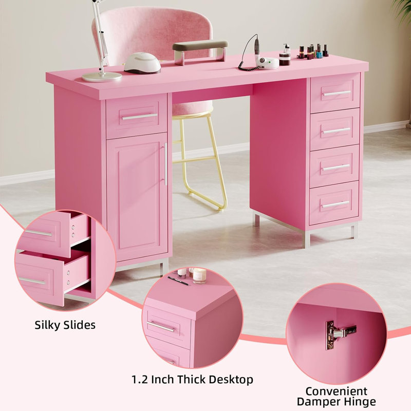 Nail Tech Desk with Drawers, 43 Inch Manicure Table with Storage for Nail Tech, Nail Makeup Beauty Salon Table with 5 Drawers and Cabinet, Wooden Salon Spa Desk