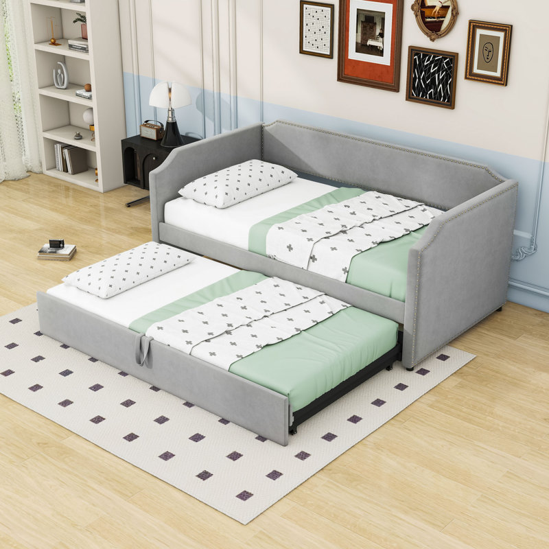 Twin Upholstered Daybed with Pop Up Trundle, Gray