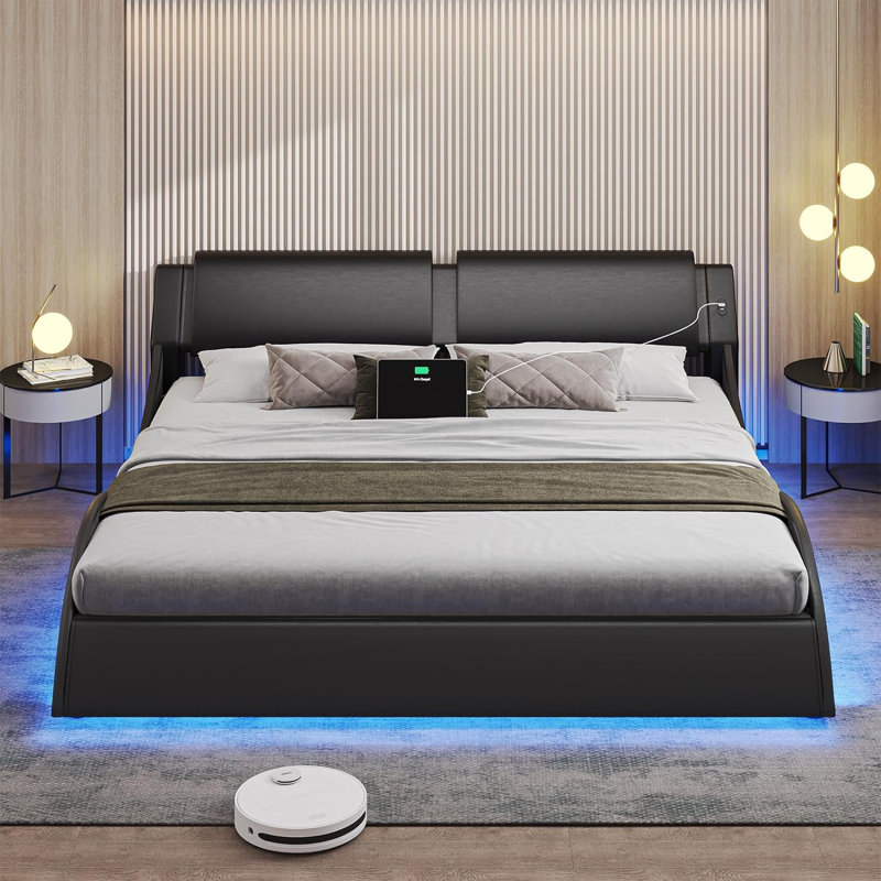 Led Bed Frame With Charging Ports And Headboard Modern Low Profile Platform Bed Frame With Led Lights Wave Like Curve Led Bed Frame,wood Slats Support,easy Assembly,black