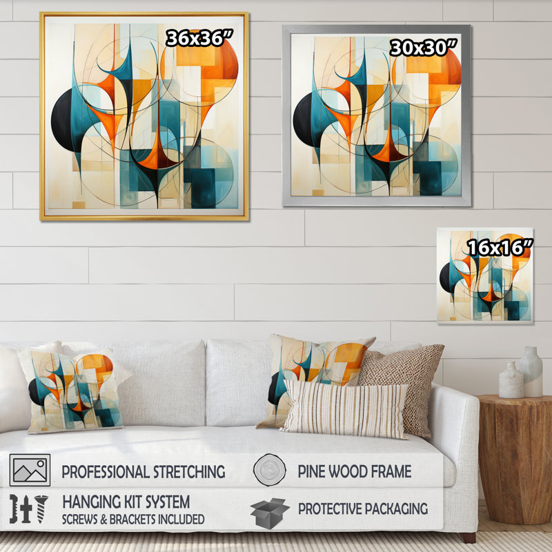 Orange orange bleu Mid Century Harmony In Geometric I - Art abstrait Mid-Century, Doré, H 30 po x l 30 po x P 1 po