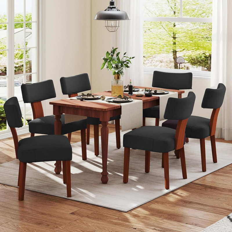 Ensemble de 4 chaises de salle à manger sans accoudoirs modernes, revêtement en lin noir avec dossier incurvé et pieds en bois massif