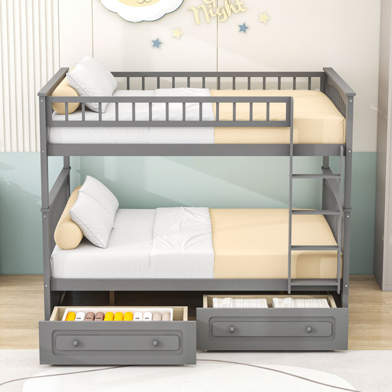 Lit superposé convertible double / double avec tiroirs et échelle, Gris