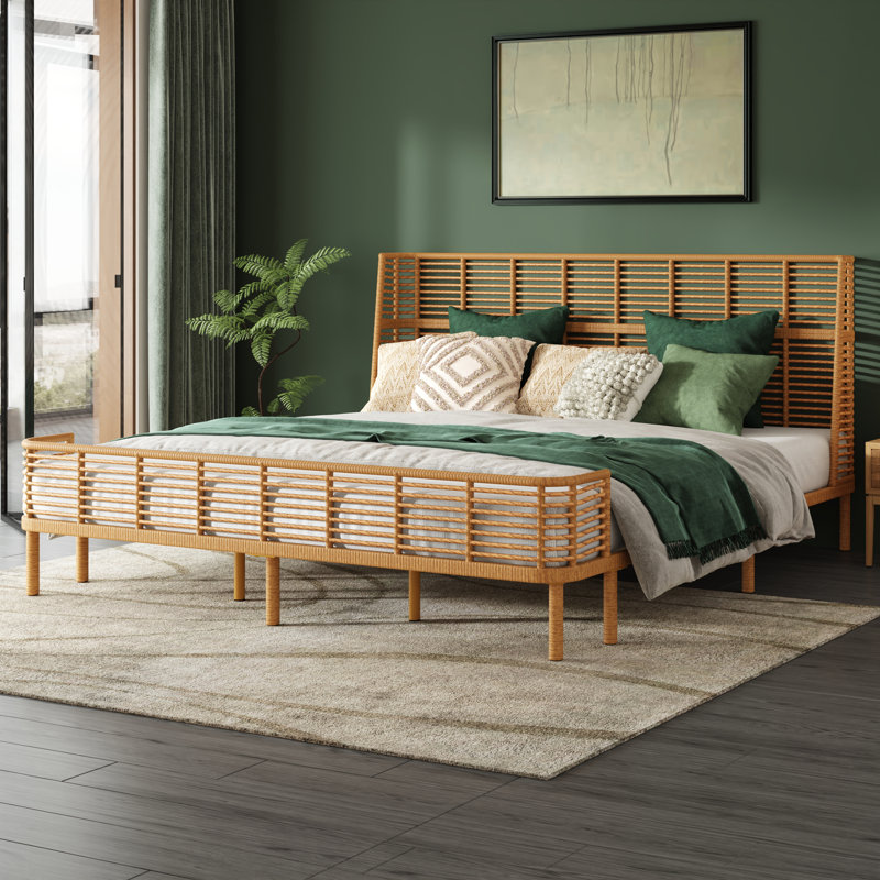 Soltera Coastal Boho PE Wicker Bed With Wing Back Headboard And Metal Frame Support, King