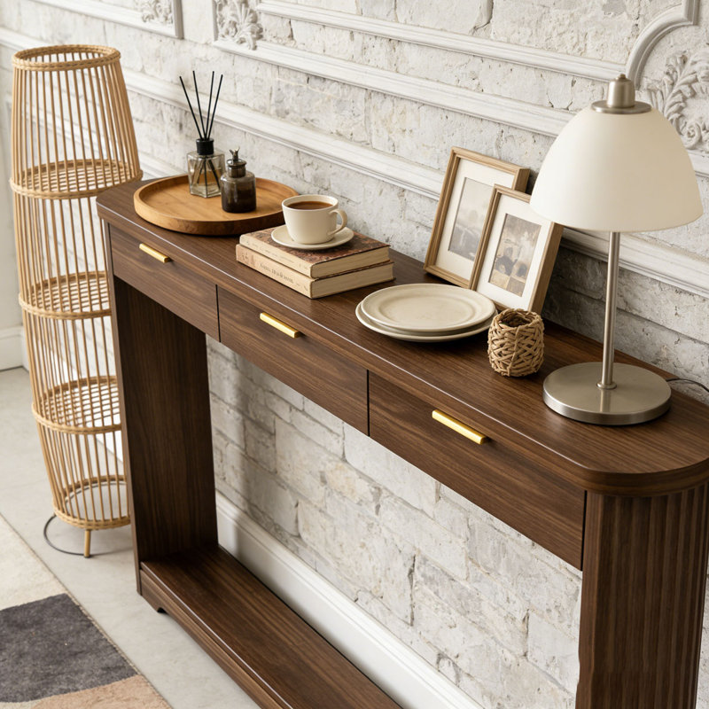 70.1" Wavy-Patterned Storage  Console Table,Sofa Table, Walnut