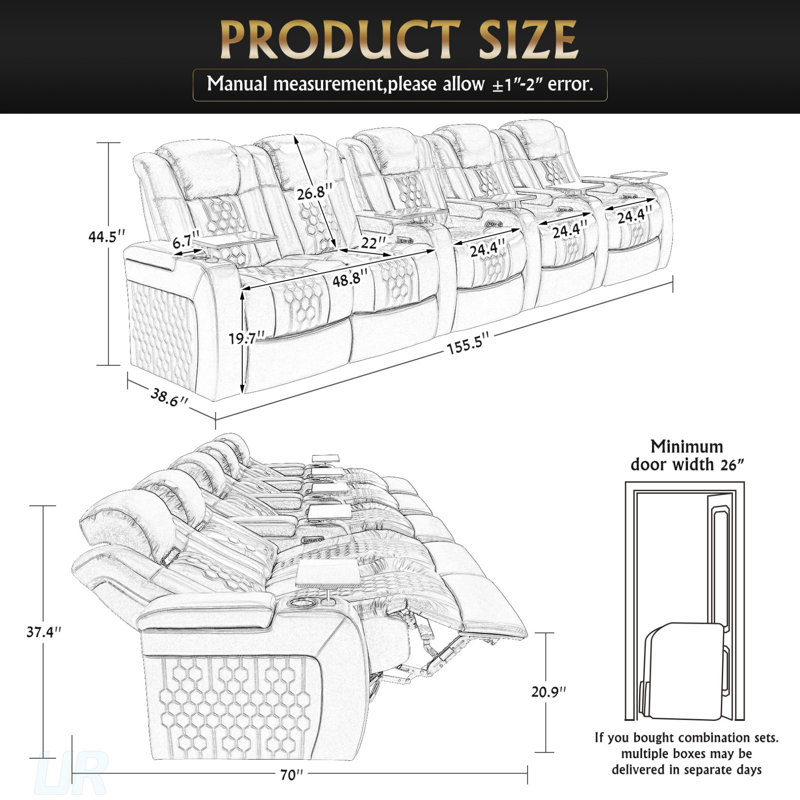 Ensemble de luxueux fauteuil inclinable électrique en cuir nappa de qualité supérieure, relaxation entièrement réglable, charge intelligente et éclairage à DEL RVB dynamique