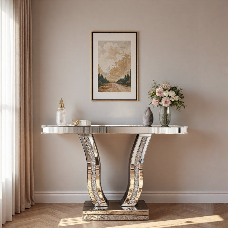 Silver Mirrored Console Table With Curved Legs And Inlaid Crystal-like Stones