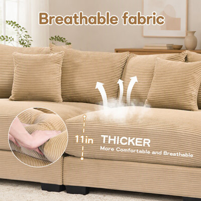Canapé d'angle modulaire surdimensionné Cloud avec velours côtelé haut de gamme, accoudoirs extra-épais, coussins résistants et 12 coussins décoratifs pour un confort et un style ultimes.