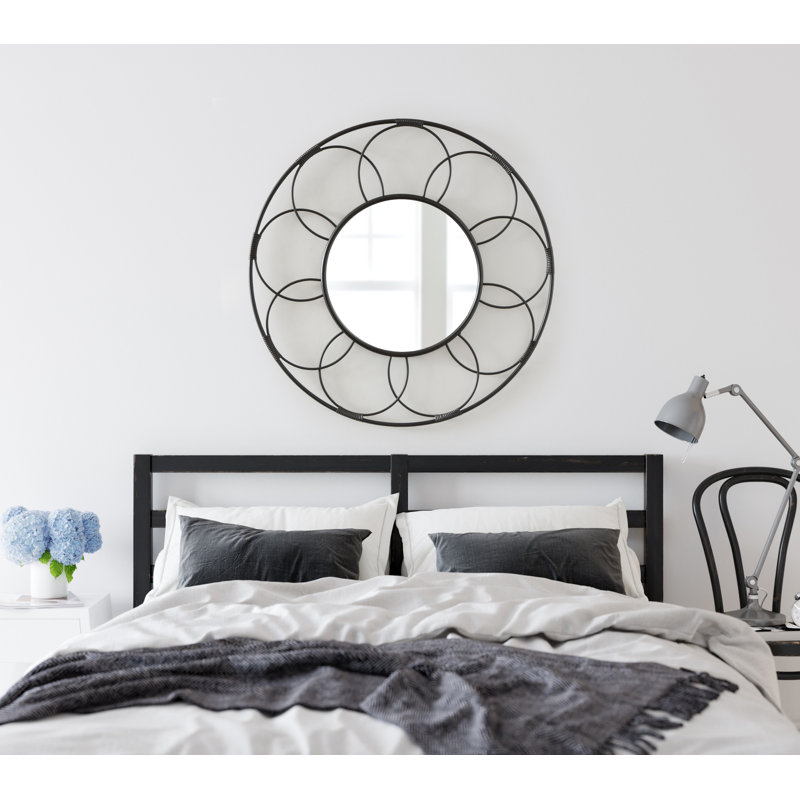 Round Metal Wall Mirror with Woven Detailing, Black