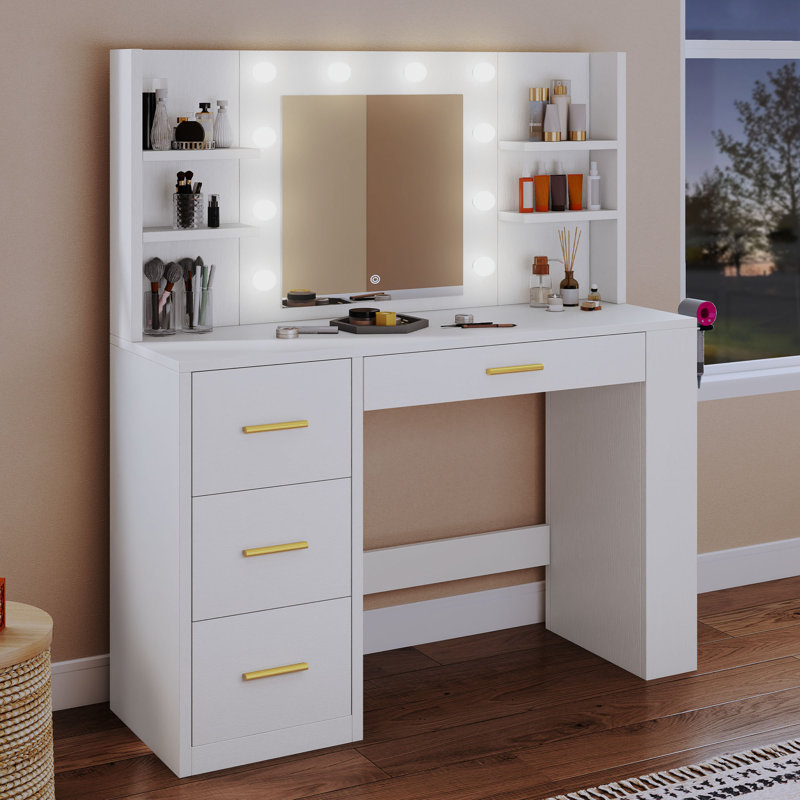  Makeup Vanity Table With LED Lighted Mirror, Power Outlet,4 Drawers,8 Shelves,, White