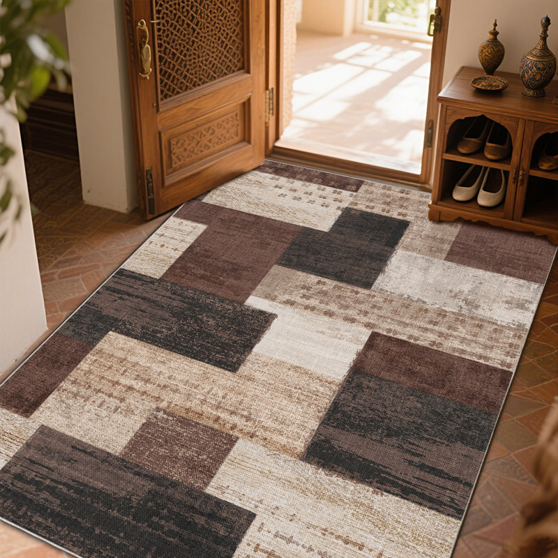 Retro Block Geometry Rug for Living Room, Low Pile Throw Rugs with Rubber Backing, Performance Rug for Bedroom, Dining Room, Retro Rug for Home Decor, Washable Indoor Outdoor Rugs, Ideal For High Traffic Areas