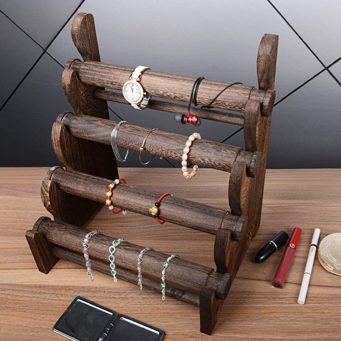 Lark Manorâ„¢ 4-Layer Brown Wooden Jewelry Stand Bracelet Watch Necklace ...