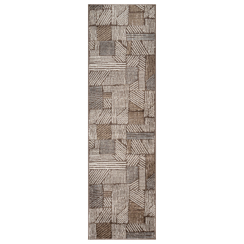 Rambo Geometric Black/Ivory Area Rug, Runner 2' x 7', Brown