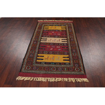 Tapis rouge / jaune en laine fait à la main Kilim