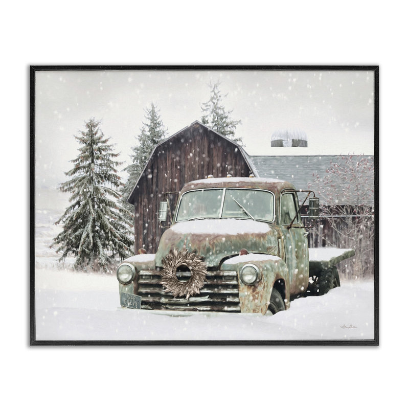 Rustic Green Vintage Truck and Barn Snowy Landscape Canvas Print