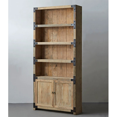 Rustic Industrial Reclaimed Wood Open Bookshelf with Metal Rivets
