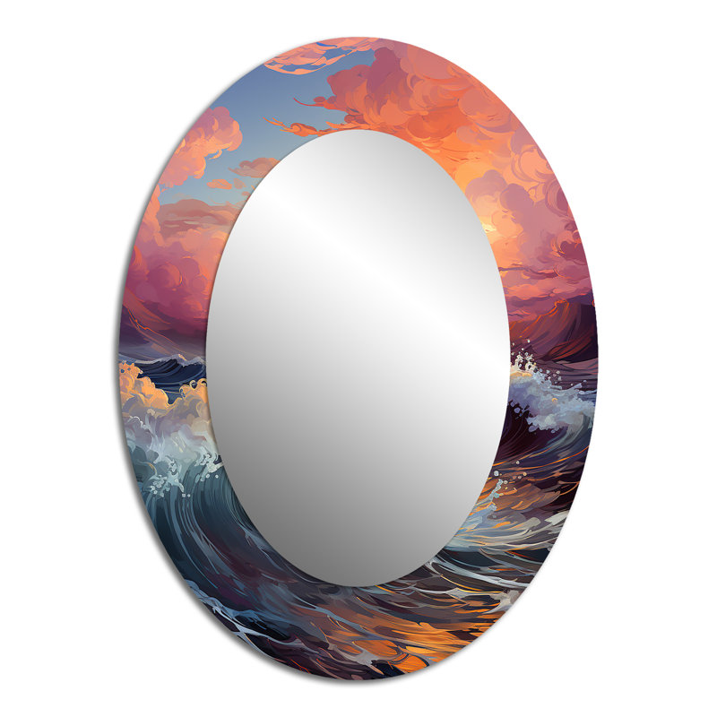 Belle plage et océan avec soleil IV - Grand miroir mural ovale sur métal, 40 po x 30 po