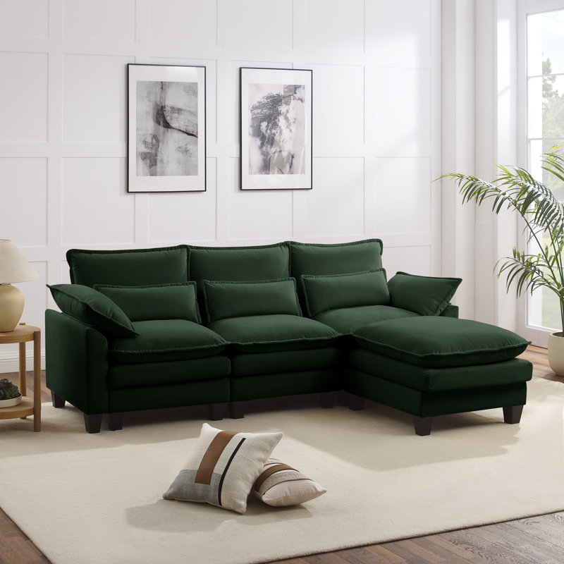 4-piece L-shaped upholstered sectional sofa, Green Velvet