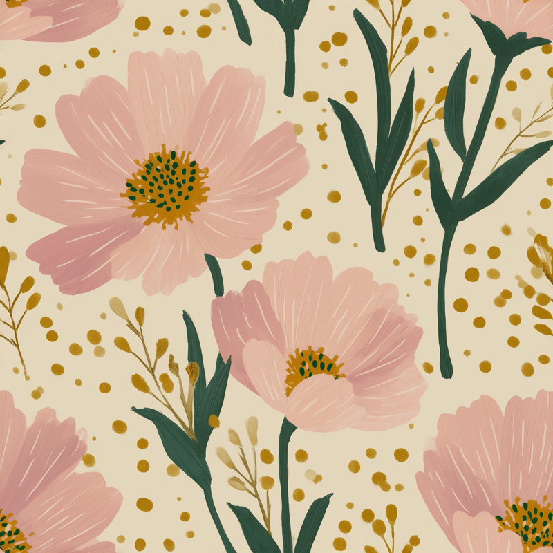 Papier peint floral avec fleurs roses et fond crème amovible, Peler et coller