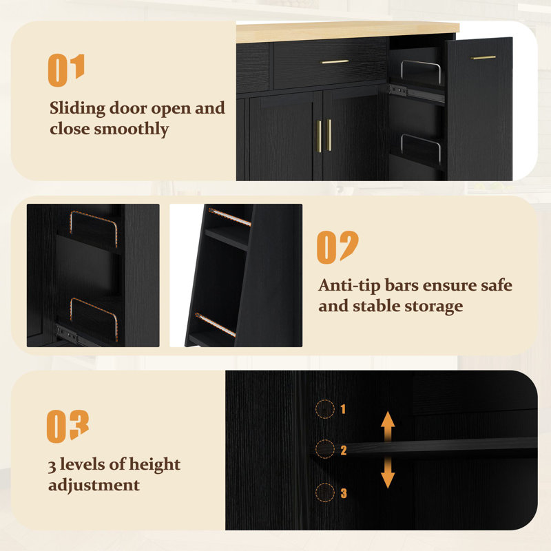 Madison 48.8'' Kitchen Island With Trash Can Storage, Black/Gold