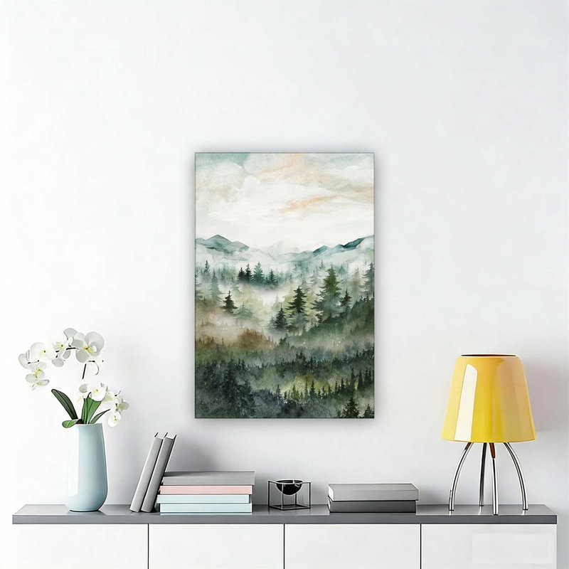 «Green Winter Mist Mountain Forest Trees», art mural pour chambre à coucher, salon 12 po x 18 po