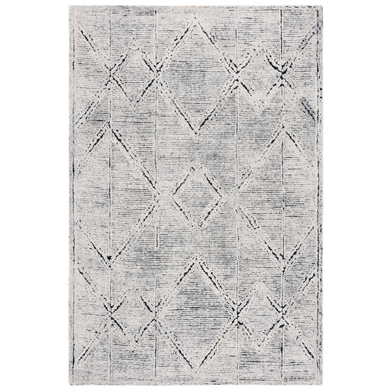 Aniqa Hand Tufted Wool/Cotton Geometric Rug in Gray/Ivory/Black, Square 6'