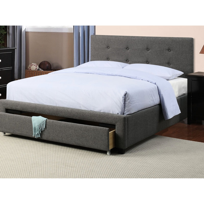 Grand lit en polyfibre gris avec tête de lit et rangement en pin massif