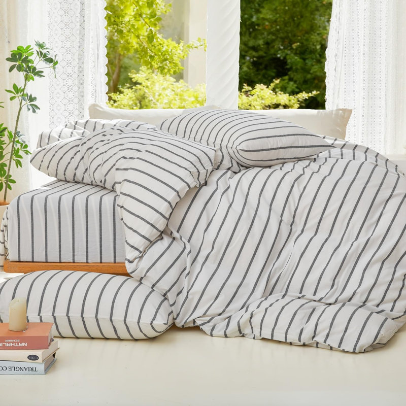 Ensemble de housse de couette à rayures 100% coton lavé DONEUS, ensemble de literie texturé 3 pièces avec fermeture à glissière