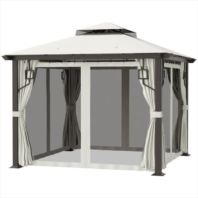 Pavillon de jardin avec finition blanche, combinant aluminium blanc crème et acier avec patio carré et 10 pi x 10 pi