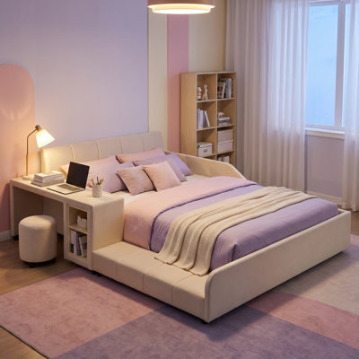 Cadre de lit mère-enfant recouvert de velours, avec table de chevet et tabouret rond, taille standard, beige